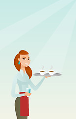 Image showing Waitress holding tray with cups of coffeee or tea.