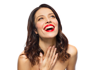 Image showing beautiful laughing young woman with red lipstick