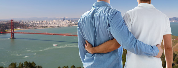 Image showing close up of gay couple over golden gate bridge