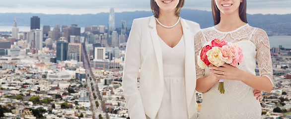 Image showing close up of happy female gay couple wedding