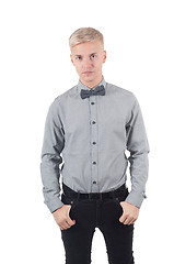 Image showing Male in shirt and bow-tie standing