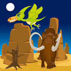 Image showing Vector illustration prehistorical animal on nature.Dinosaur and pterodactyl