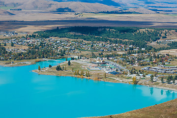 Image showing Aerial view of Lake Tekapo from Mount John Observatory in Canter