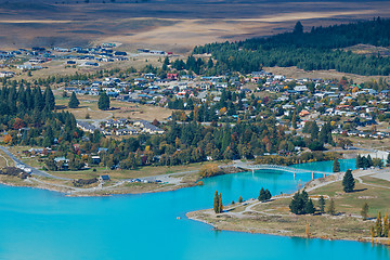 Image showing Aerial view of Lake Tekapo from Mount John Observatory in Canter