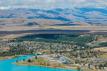 Image showing Aerial view of Lake Tekapo from Mount John Observatory in Canter