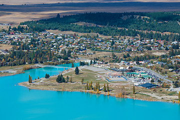 Image showing Aerial view of Lake Tekapo from Mount John Observatory in Canter