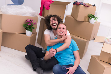 Image showing young  gay couple moving  in new house