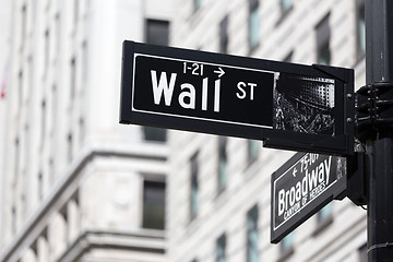 Image showing Wall St. street sign in lower Manhattan, New York City.