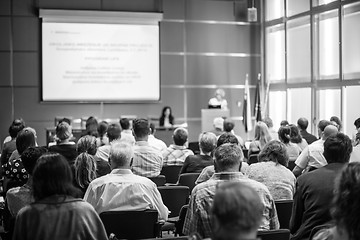 Image showing Business speaker giving a talk at business conference event.