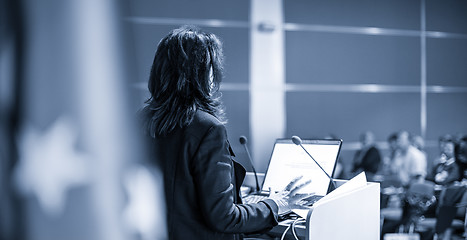 Image showing Public speaker giving talk at Business Event.