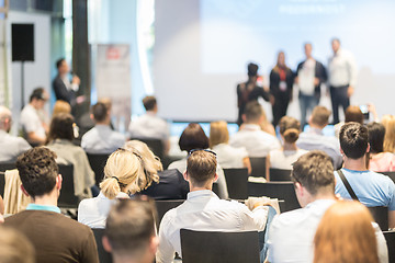 Image showing Business speakers giving a talk at business conference event.