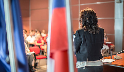 Image showing Public speaker giving talk at Business Event.