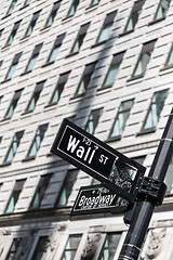 Image showing Wall St. street sign in lower Manhattan, New York City.