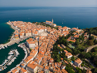 Image showing Aerial view of old town Piran, Slovenia, Europe. Summer vacations tourism concept background.