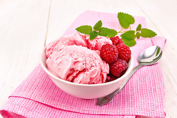 Image showing Ice cream crimson with mint in bowl on light board