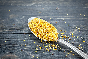 Image showing Mustard seeds in metal spoon on black board