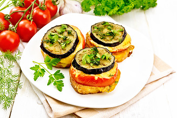 Image showing Appetizer of aubergines and cheese on table