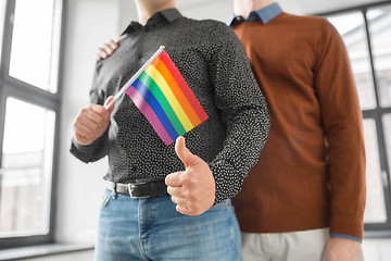 Image showing male couple with gay pride flags showing thumbs up