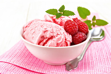 Image showing Ice cream crimson with mint in bowl on board