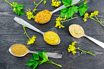 Image showing Mustard different in spoons on board top