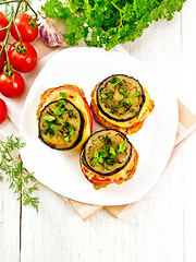 Image showing Appetizer of aubergines and cheese on board top