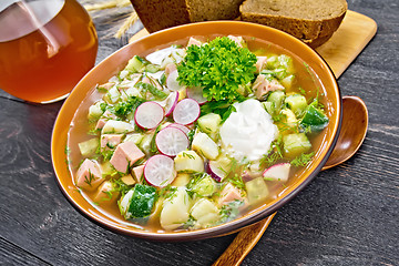 Image showing Okroshka in bowl on board