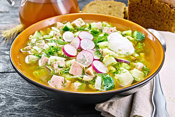 Image showing Okroshka in bowl with napkin on board