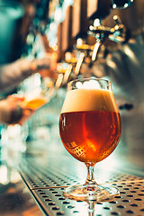 Image showing Hand of bartender pouring a large lager beer in tap.