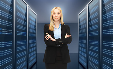 Image showing businesswoman or admin over server room background