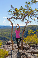 Image showing Female yoga asanas in mountain wilderness views