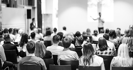 Image showing Business speaker giving a talk at business conference event.