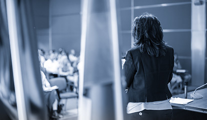 Image showing Public speaker giving talk at Business Event.