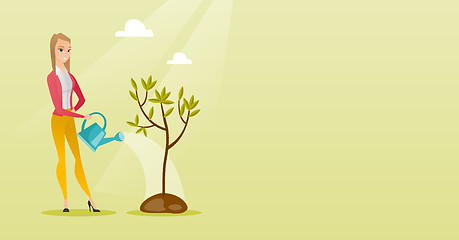 Image showing Woman watering tree vector illustration.