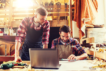 Image showing carpenters with laptop and blueprint at workshop