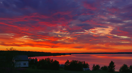 Image showing Night Dramatic Burning Sunset Sky Over The Lake 