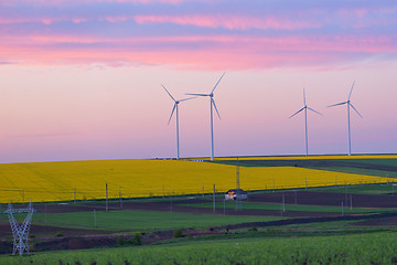 Image showing Eolian field and wind turbines 