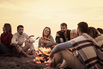 Image showing Group Of Young Friends Sitting By The Fire at beach