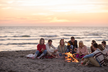 Image showing Group Of Young Friends Sitting By The Fire at beach