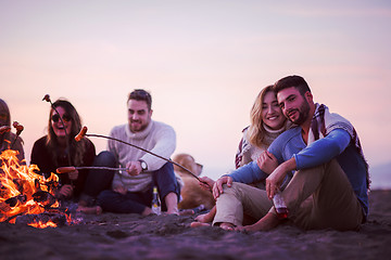 Image showing Group Of Young Friends Sitting By The Fire at beach