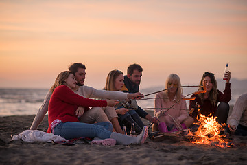 Image showing Group Of Young Friends Sitting By The Fire at beach