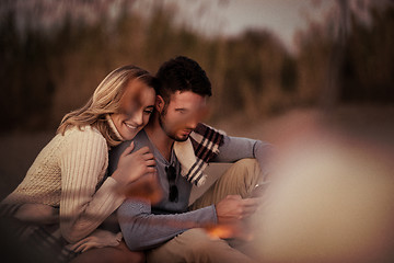 Image showing Group Of Young Friends Sitting By The Fire at beach