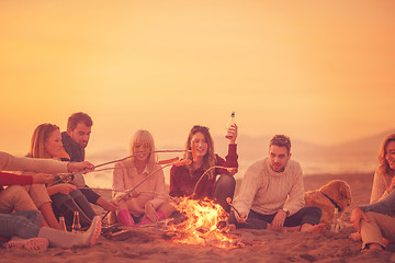 Image showing Group Of Young Friends Sitting By The Fire at beach