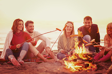 Image showing Group Of Young Friends Sitting By The Fire at beach