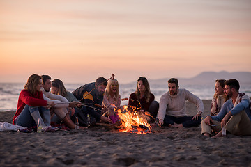 Image showing Group Of Young Friends Sitting By The Fire at beach