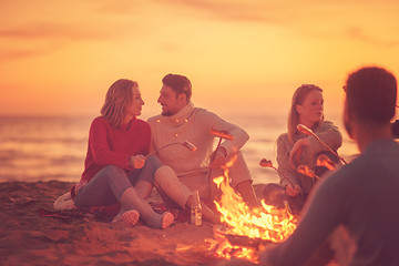 Image showing Group Of Young Friends Sitting By The Fire at beach