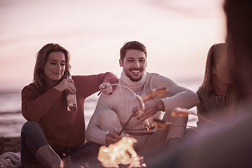 Image showing Group Of Young Friends Sitting By The Fire at beach