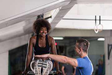 Image showing black woman doing parallel bars Exercise with trainer