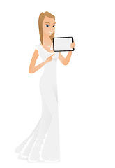 Image showing Smiling fiancee holding tablet computer.