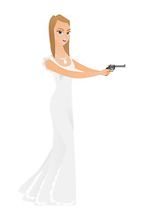 Image showing Bride in white wedding dress holding the handgun.