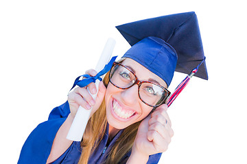 Image showing Goofy Graduating Young Girl In Cap and Gown Isolated on a White 